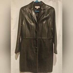 Petite sophisticate Black leather car coat jacket cabin stitching Sz Small